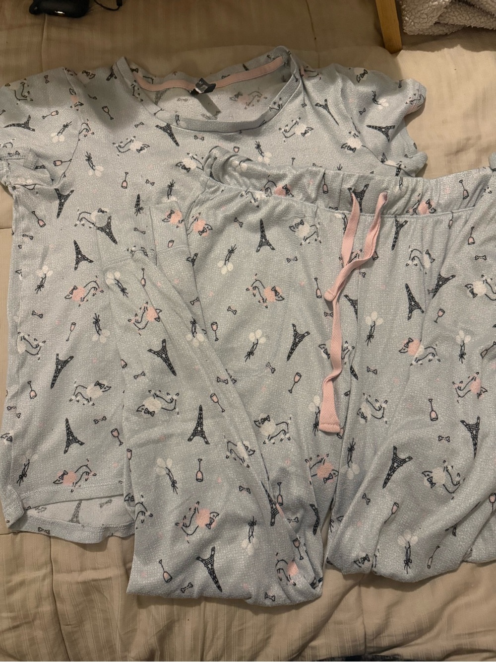Woman’s Light Blue Eiffel Tower Print Pajama Set with Pink Trim